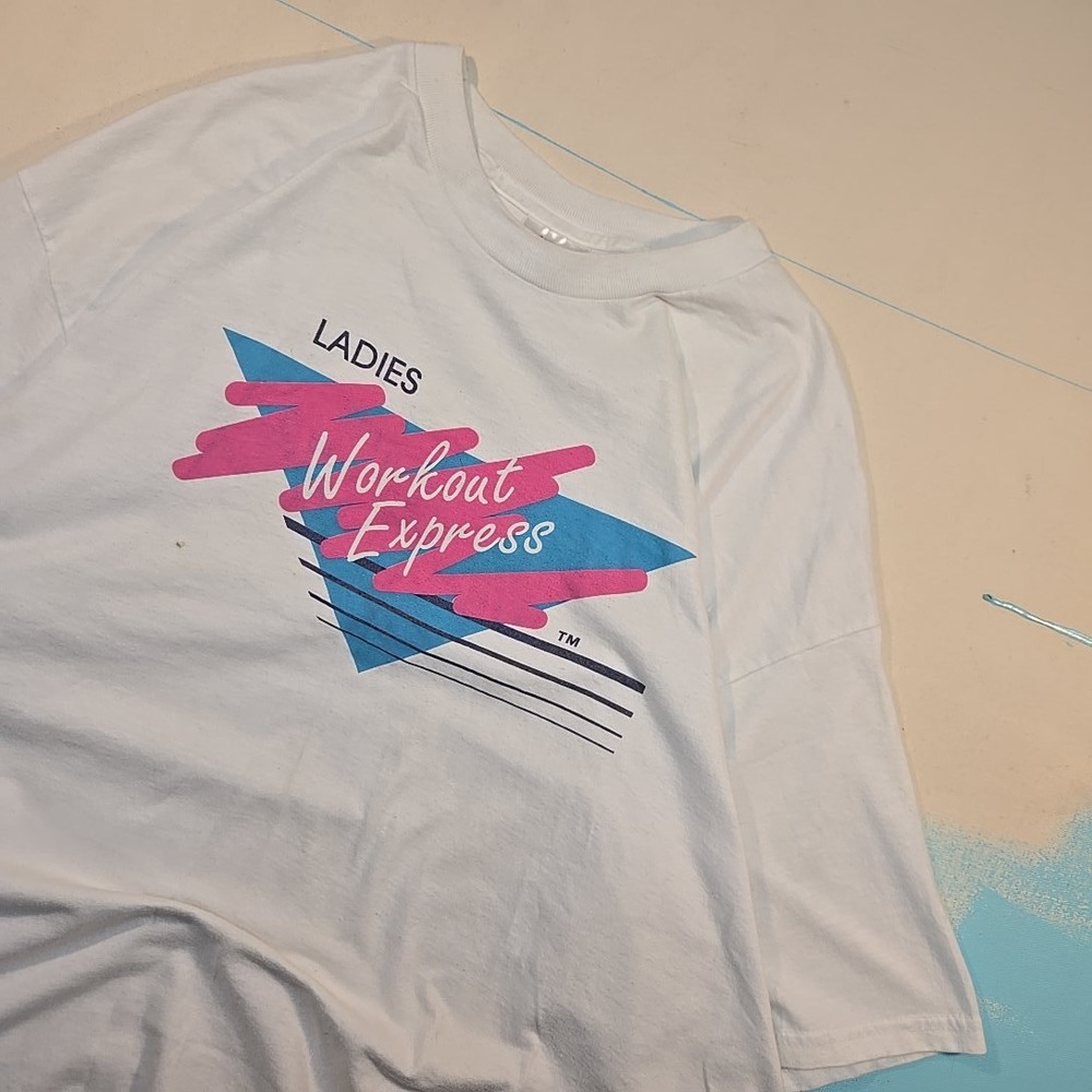 VTG 90s XL Ladies Workout Express T-Shirt Single Stitch Neon Gym 50/50 Hanes Tee - Picture 8 of 10